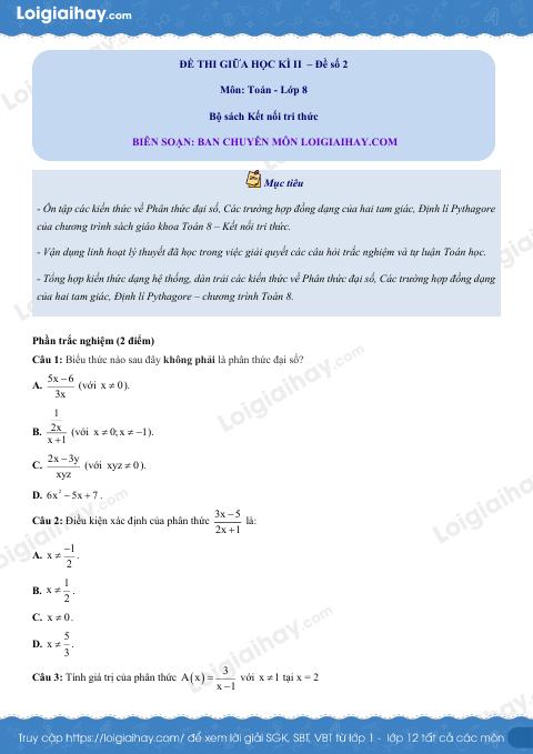 Đề thi giữa kì 2 Toán 8 - Đề số 2 - Kết nối tri thức
